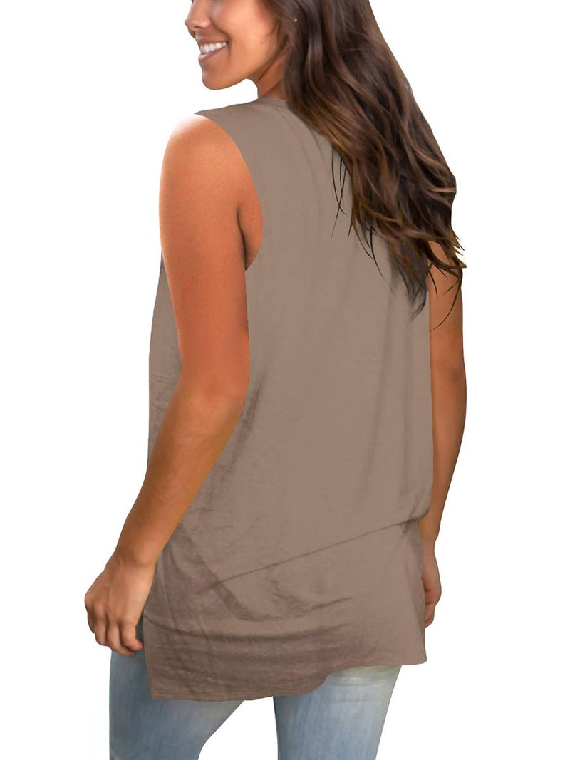 SAMPEEL Sexy V Neck T Shirt Sleeveless Tops for Women Layer Tank Tops Long Plain Khaki XL - Image 3